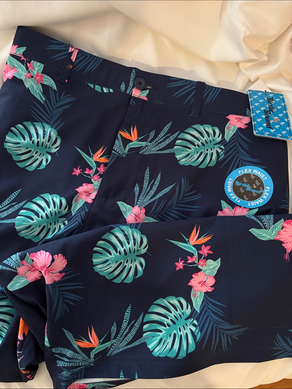 Men's Navy Tropical Print Flat Front Shorts
